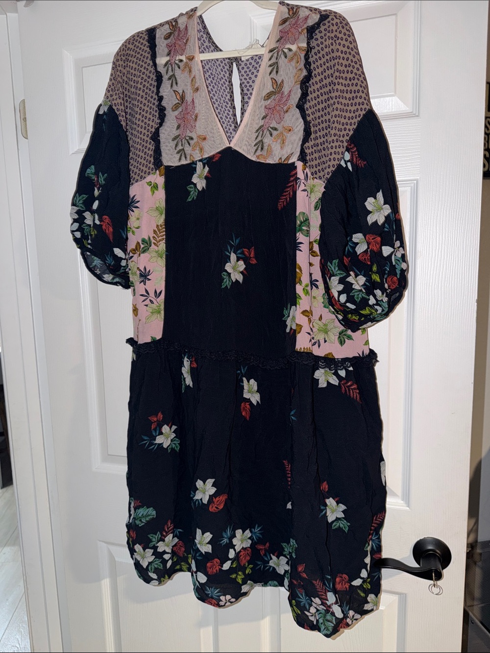 Anthropologie Boho Floral Patchwork Dress in Navy and Pink - embroidery bodice